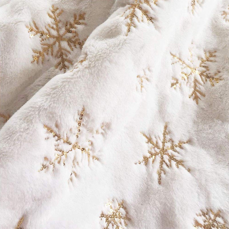 DegGod Plush Christmas Tree Skirts, 36 inches Luxury Snowy White Faux Fur Xmas Tree Base Cover Mat with Gold Snowflakes for Xmas New Year Home Party Decorations (36 inches, Gold) - Image 2